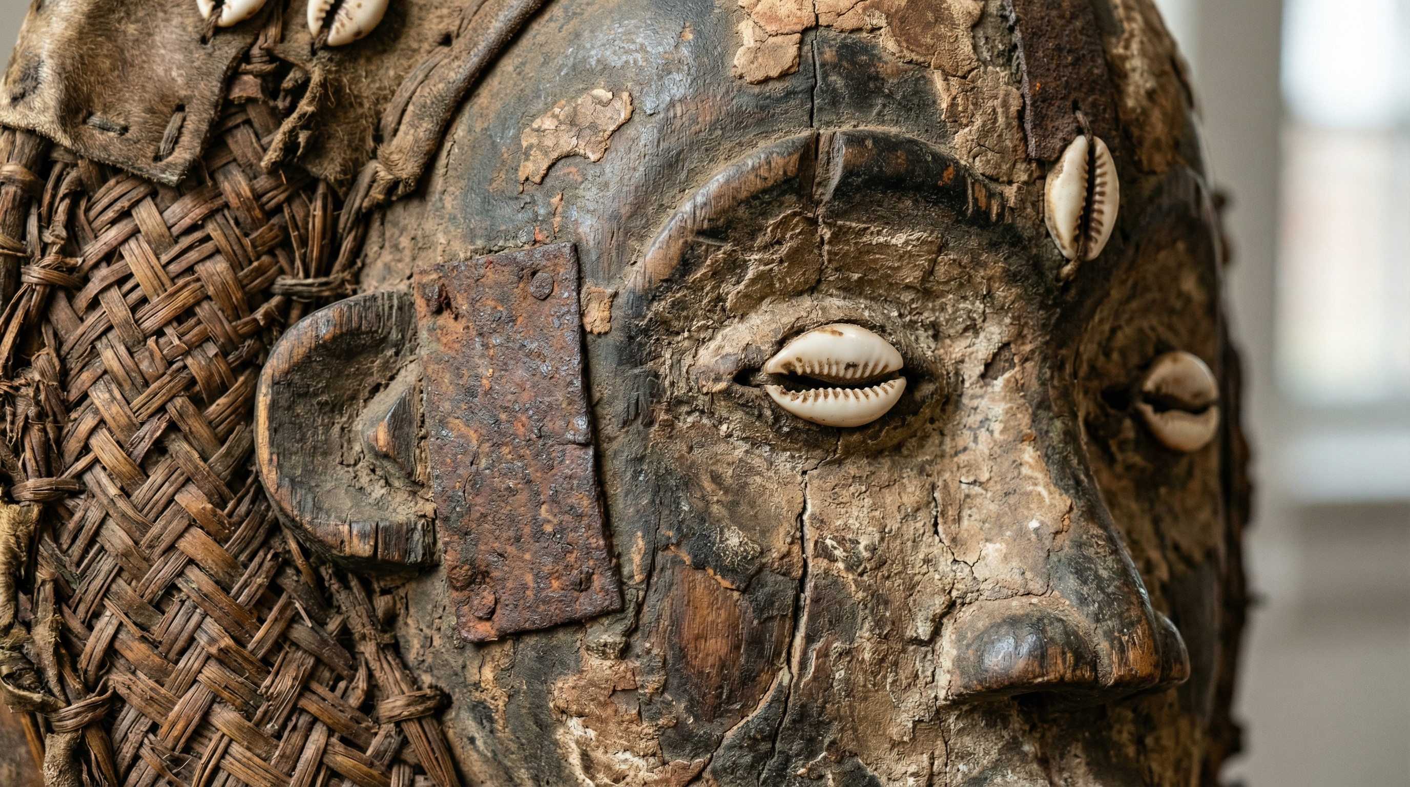Close-up of African mask showing traditional materials and patina