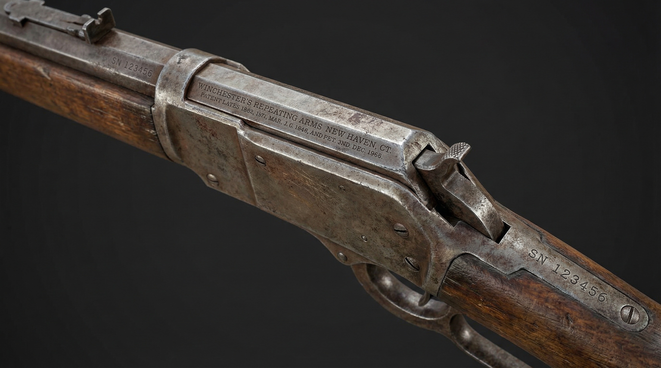Close-up of antique rifle showing original markings and serial numbers