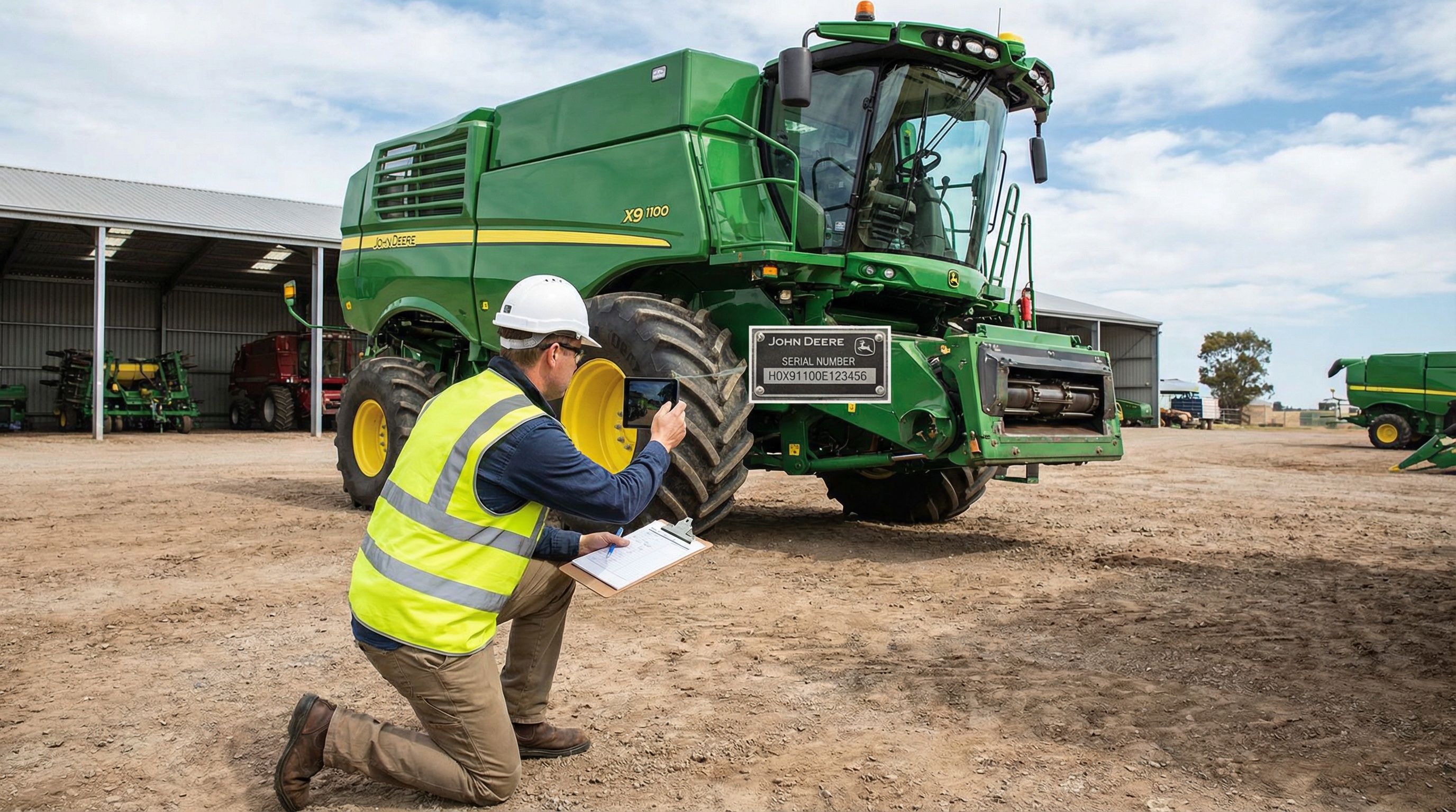 appraiser documenting serial numbers on combine harvester