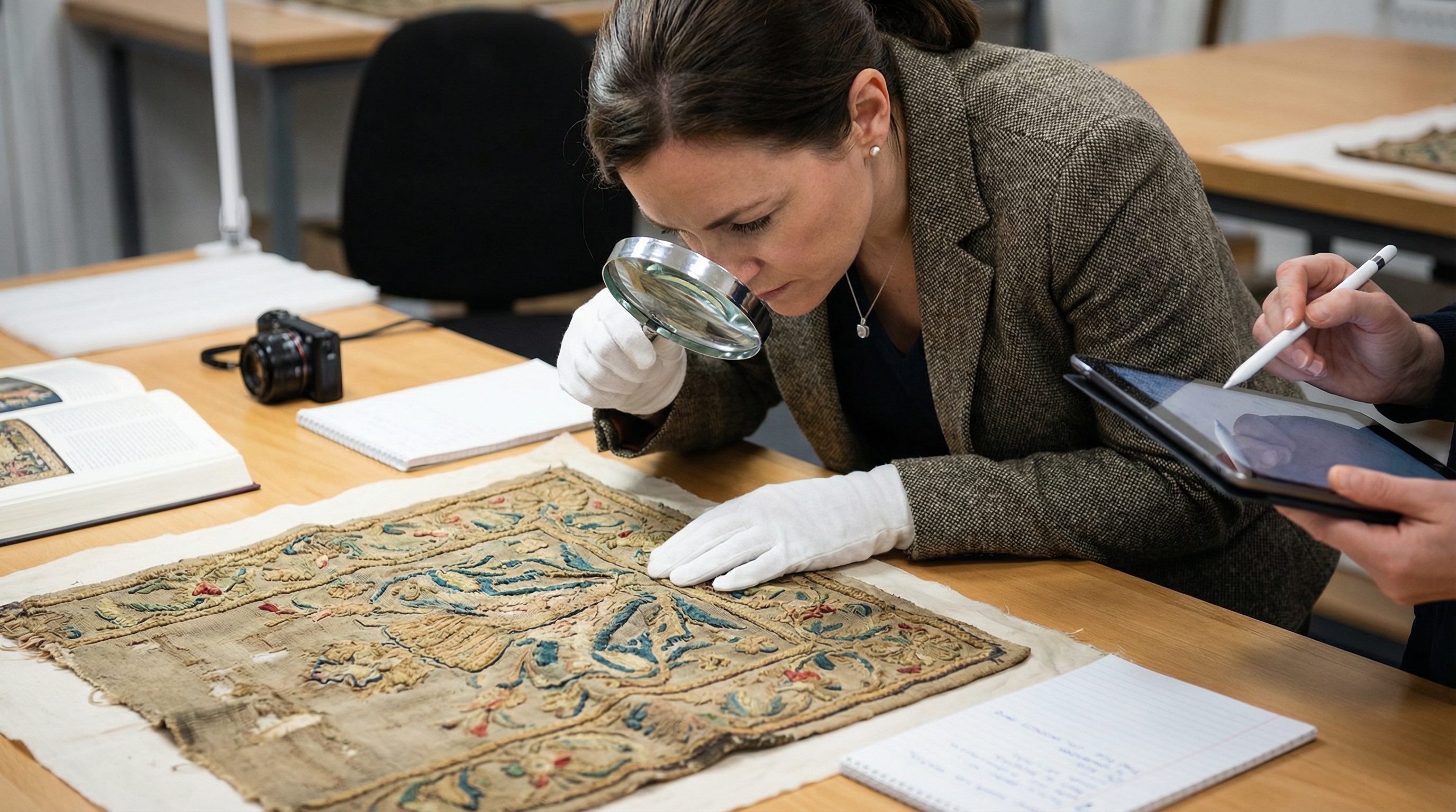 Professional appraiser documenting antique textile with magnifying glass