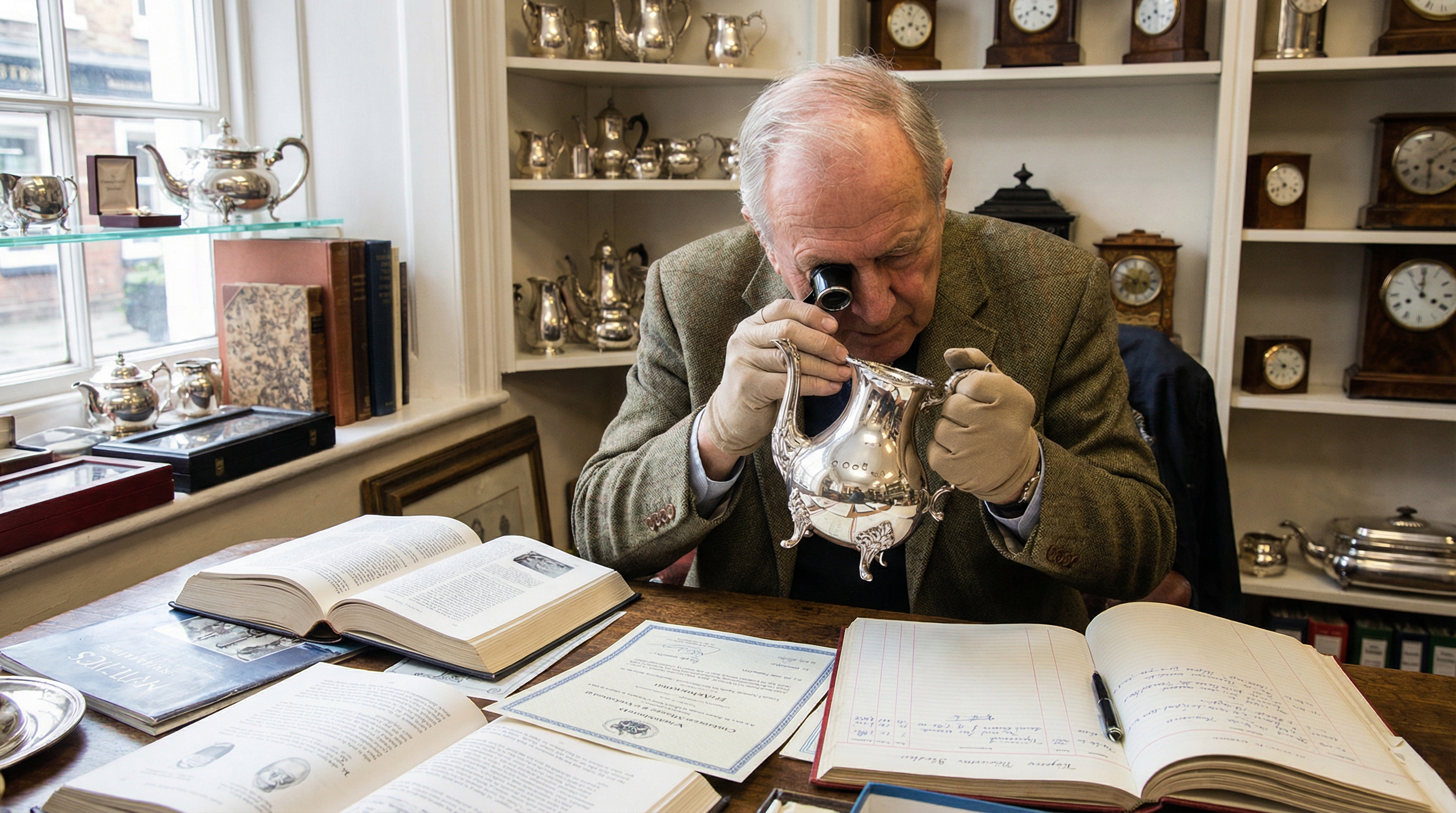 Professional appraiser examining silver hallmarks with magnifying glass
