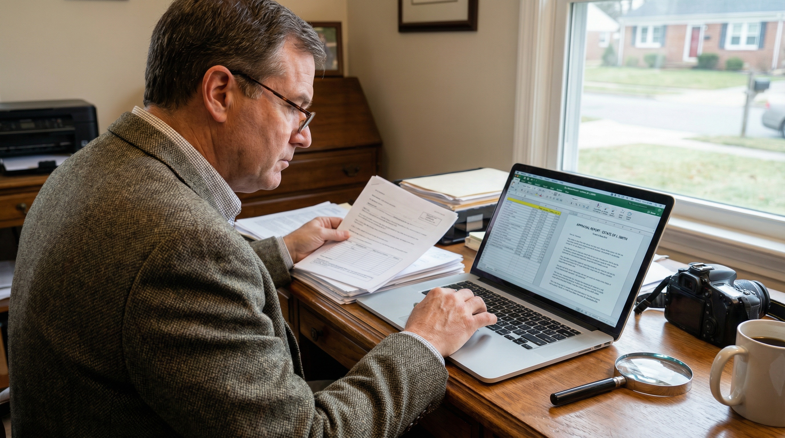 appraiser reviewing medical equipment documentation and taking photos