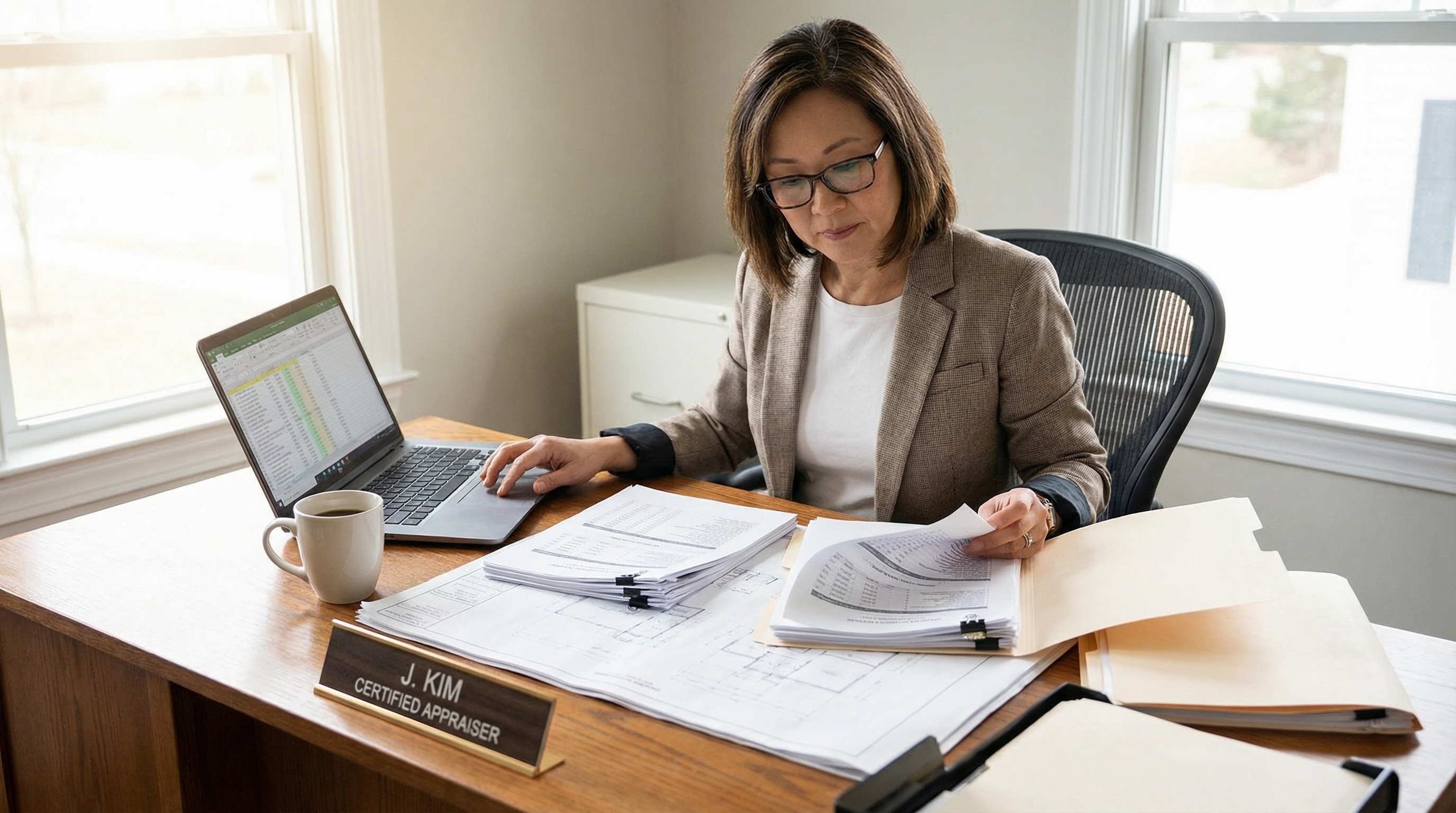 appraiser reviewing documents and comparable sales data on computer screen