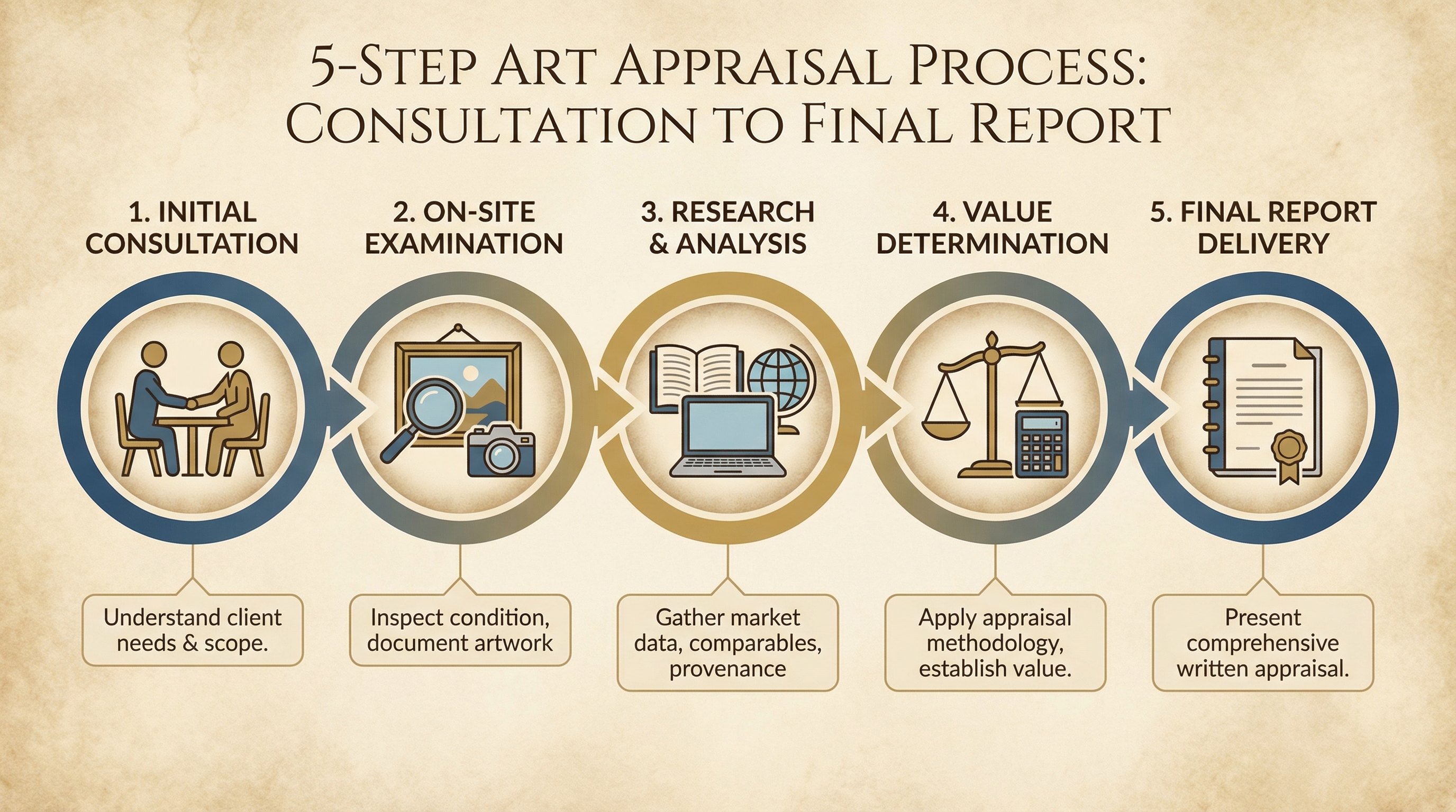 Timeline infographic showing 5-step art appraisal process from consultation to final report