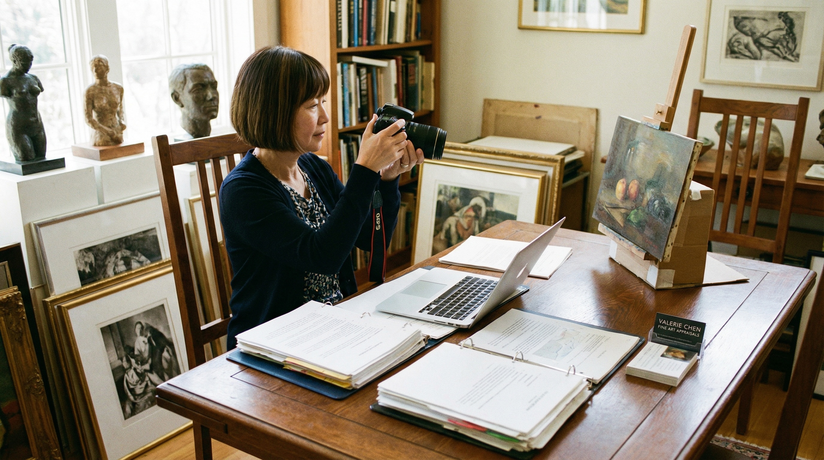 Art collector organizing documentation and photographing artwork before professional appraisal