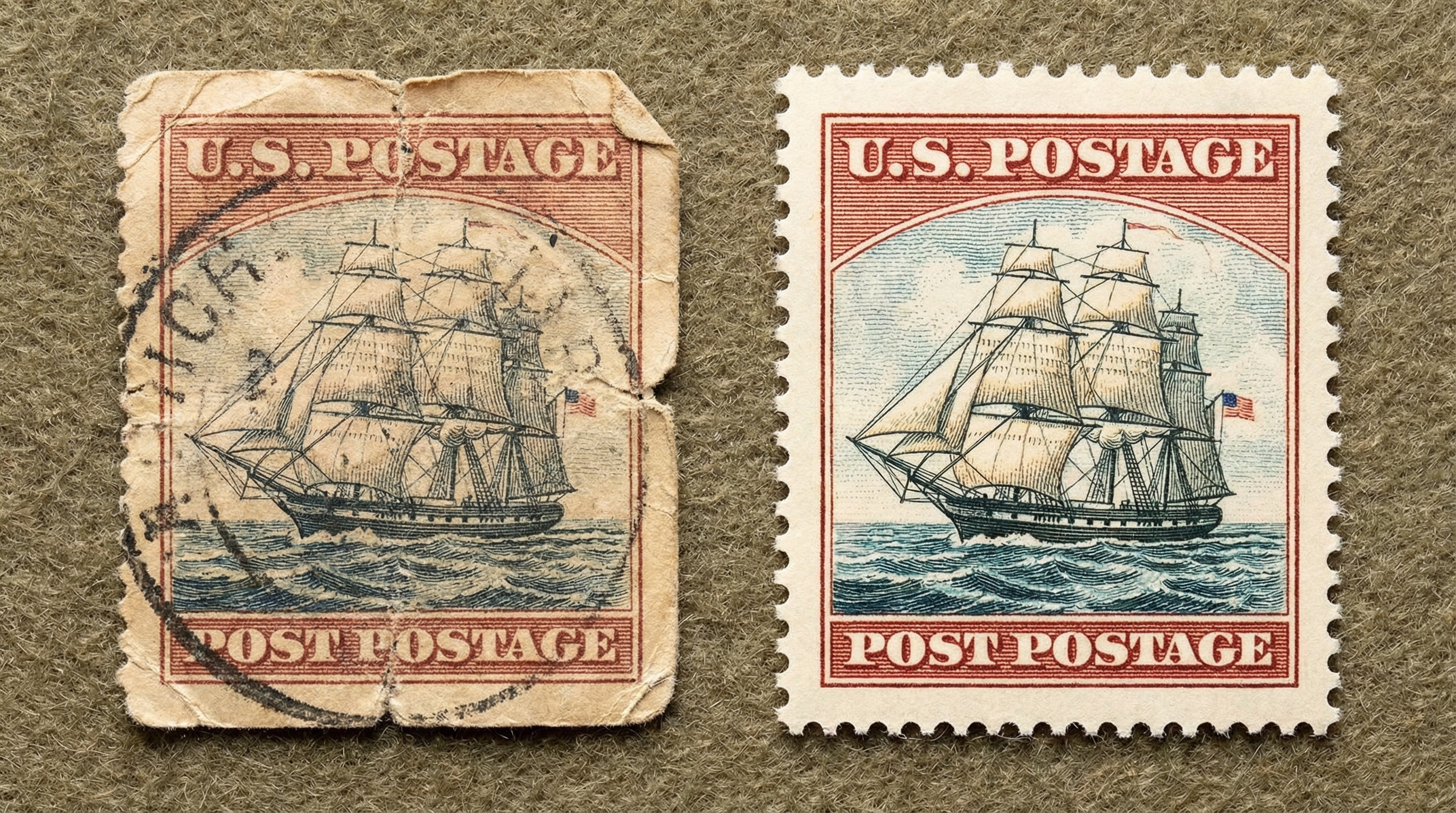 Close up comparison of damaged versus pristine vintage stamp