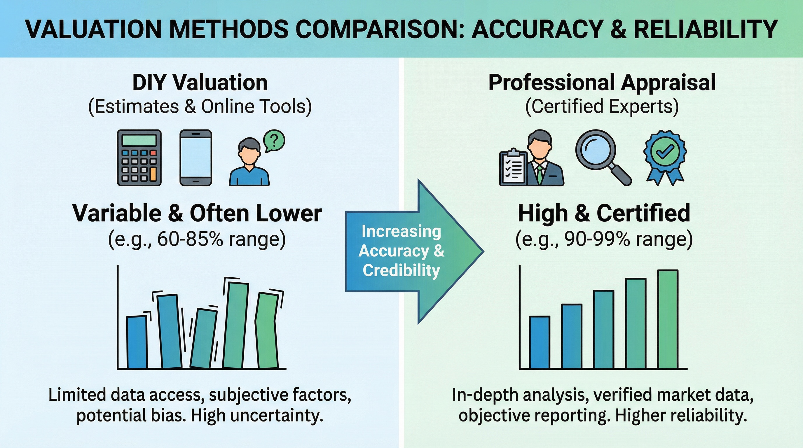 Comparison chart showing DIY valuation vs professional appraisal with accuracy percentages