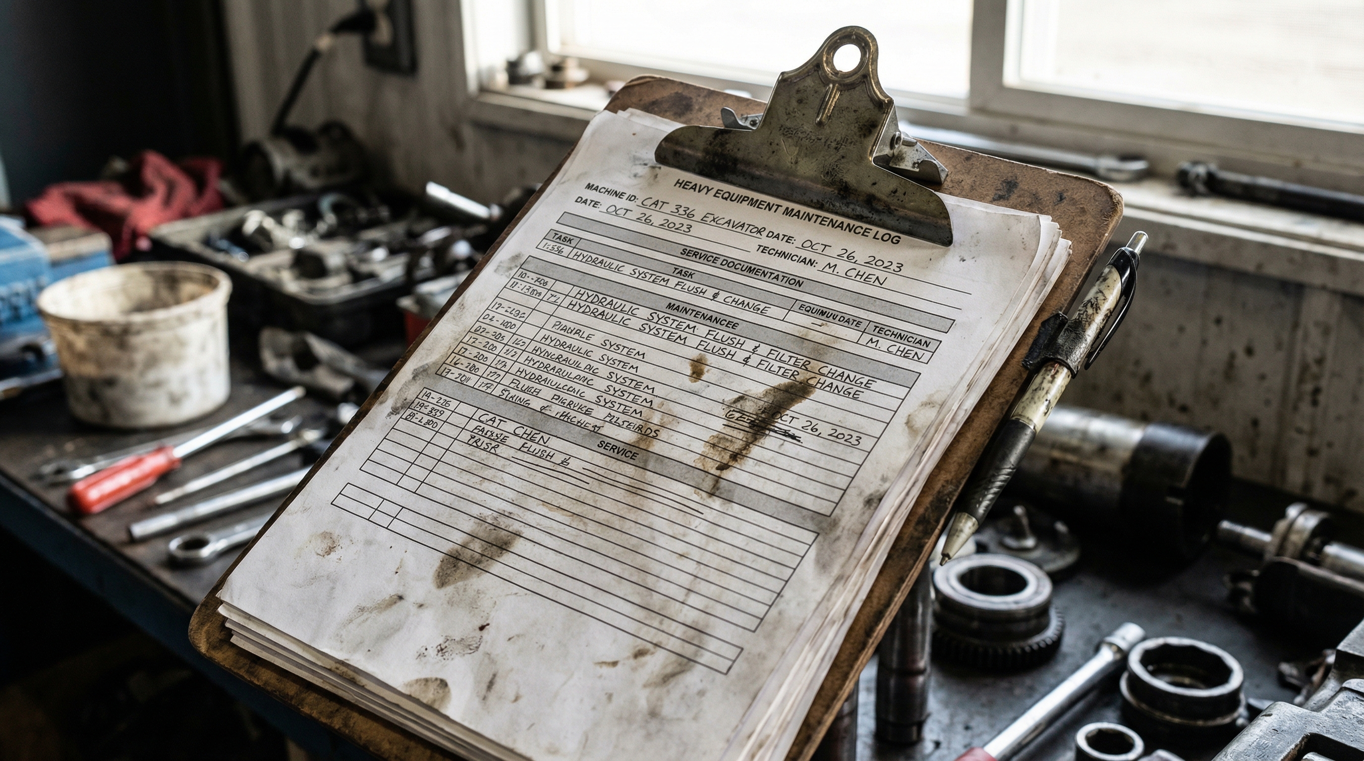 Close-up of heavy equipment maintenance records and service documentation on clipboard