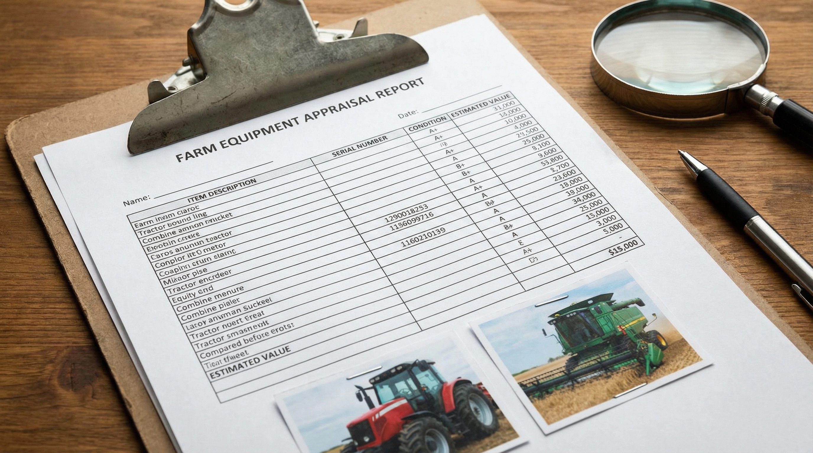 Close-up of farm equipment appraisal report showing detailed valuation data and photographs
