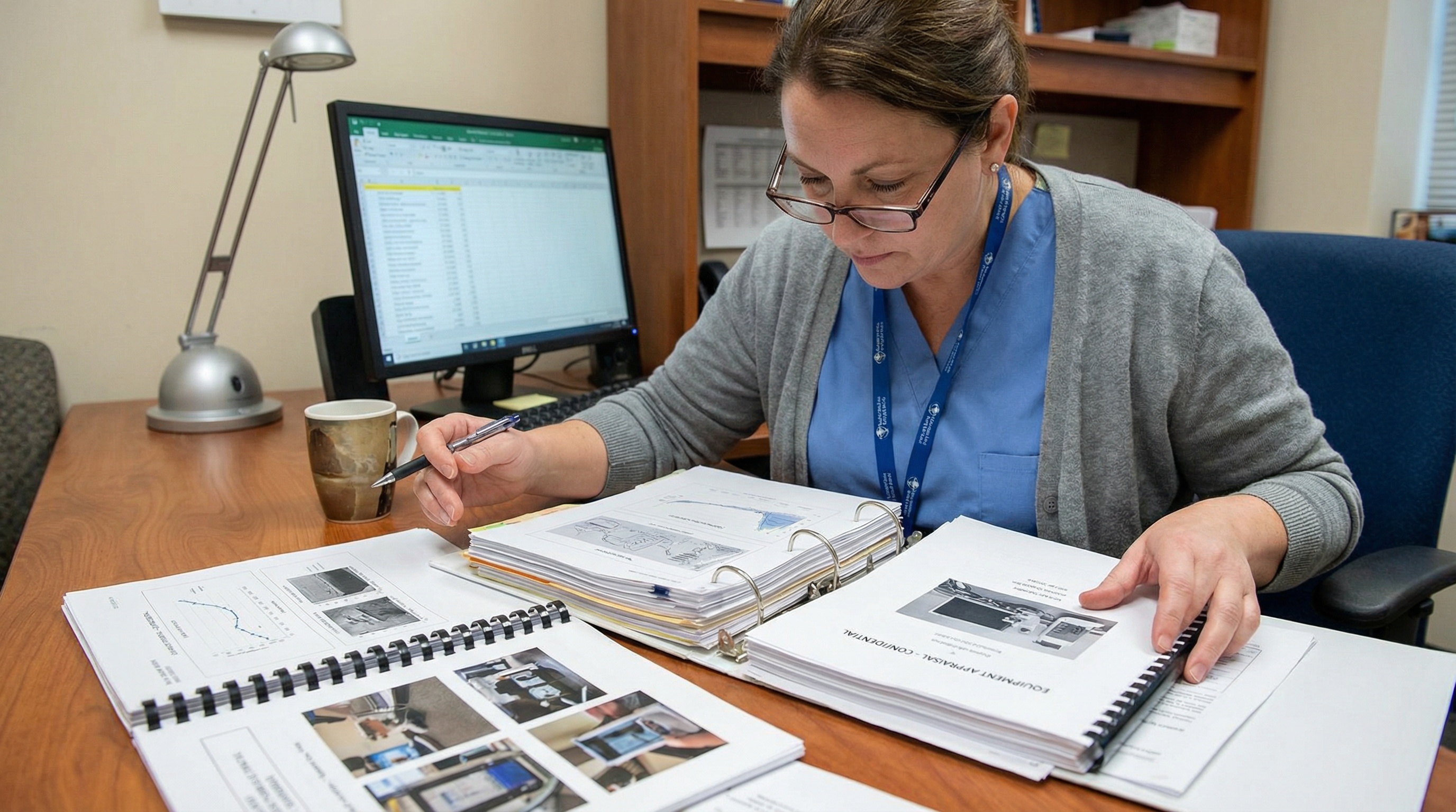 healthcare professional reviewing medical equipment documentation and appraisal reports