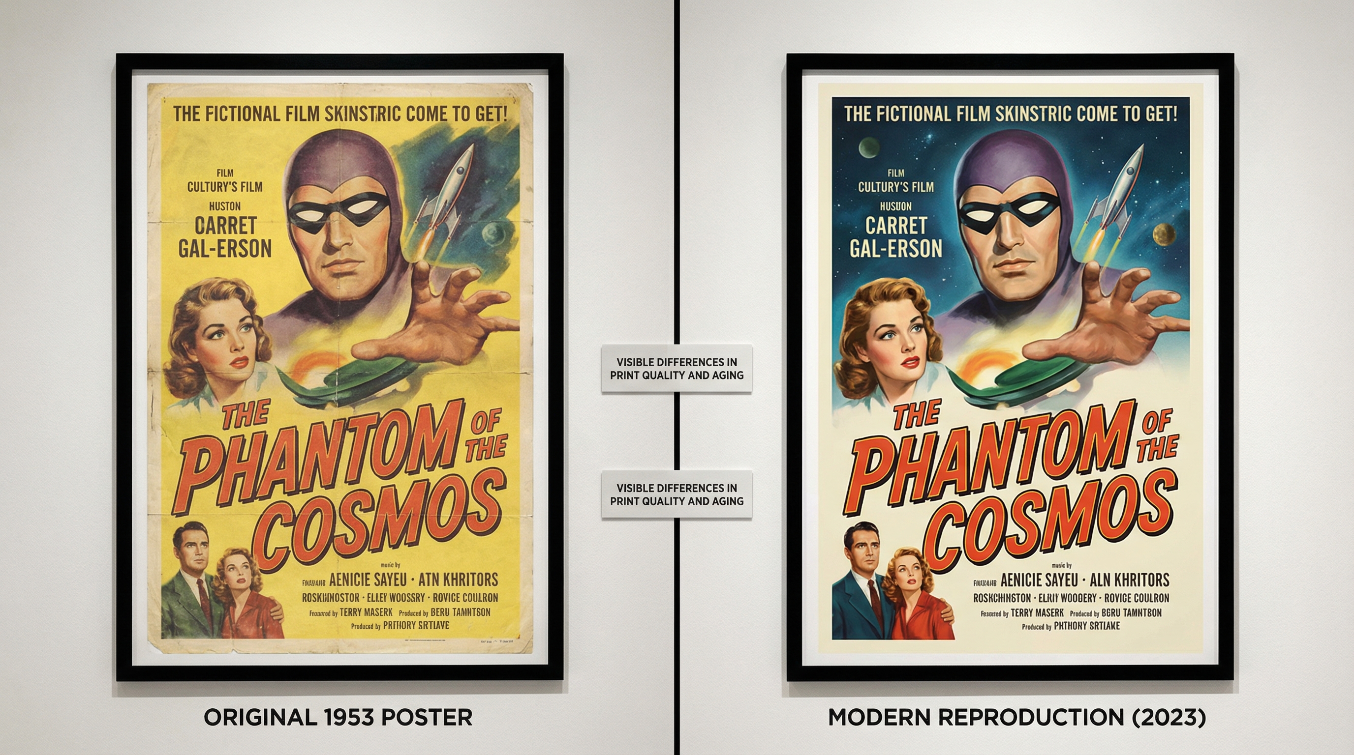 comparison showing original movie poster next to modern reproduction with visible differences