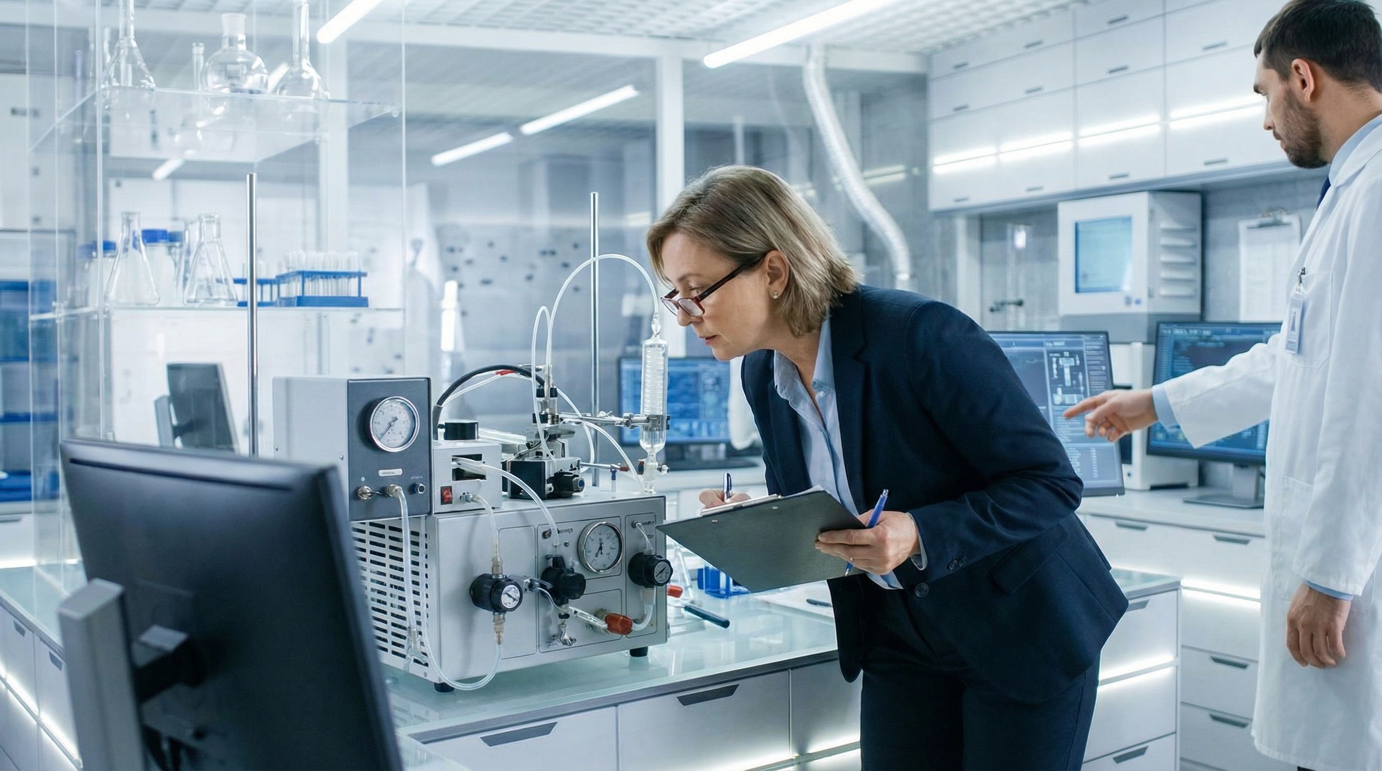 Professional appraiser in lab coat examining scientific equipment while taking notes on tablet, with various laboratory instruments visible in background