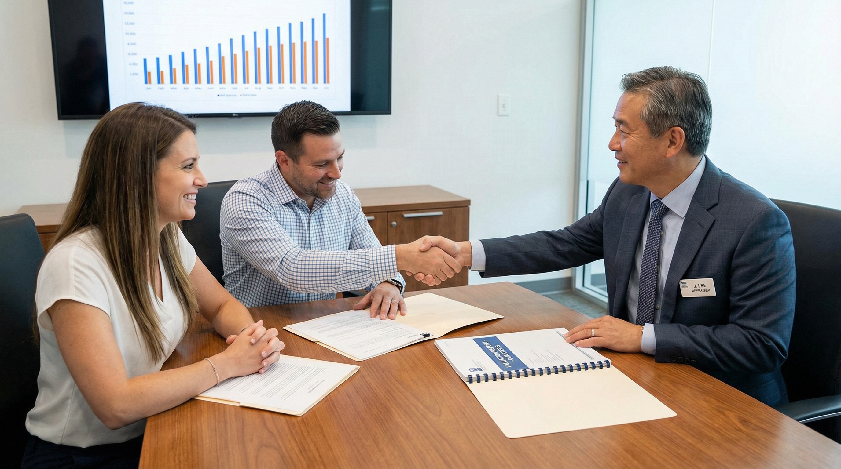 Professional appraiser meeting with business owners