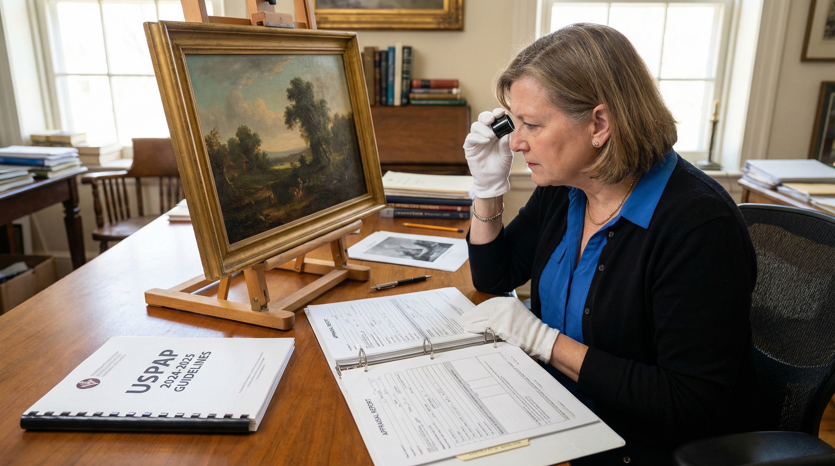 Professional appraiser examining artwork with appraisal documents and USPAP guidelines visible