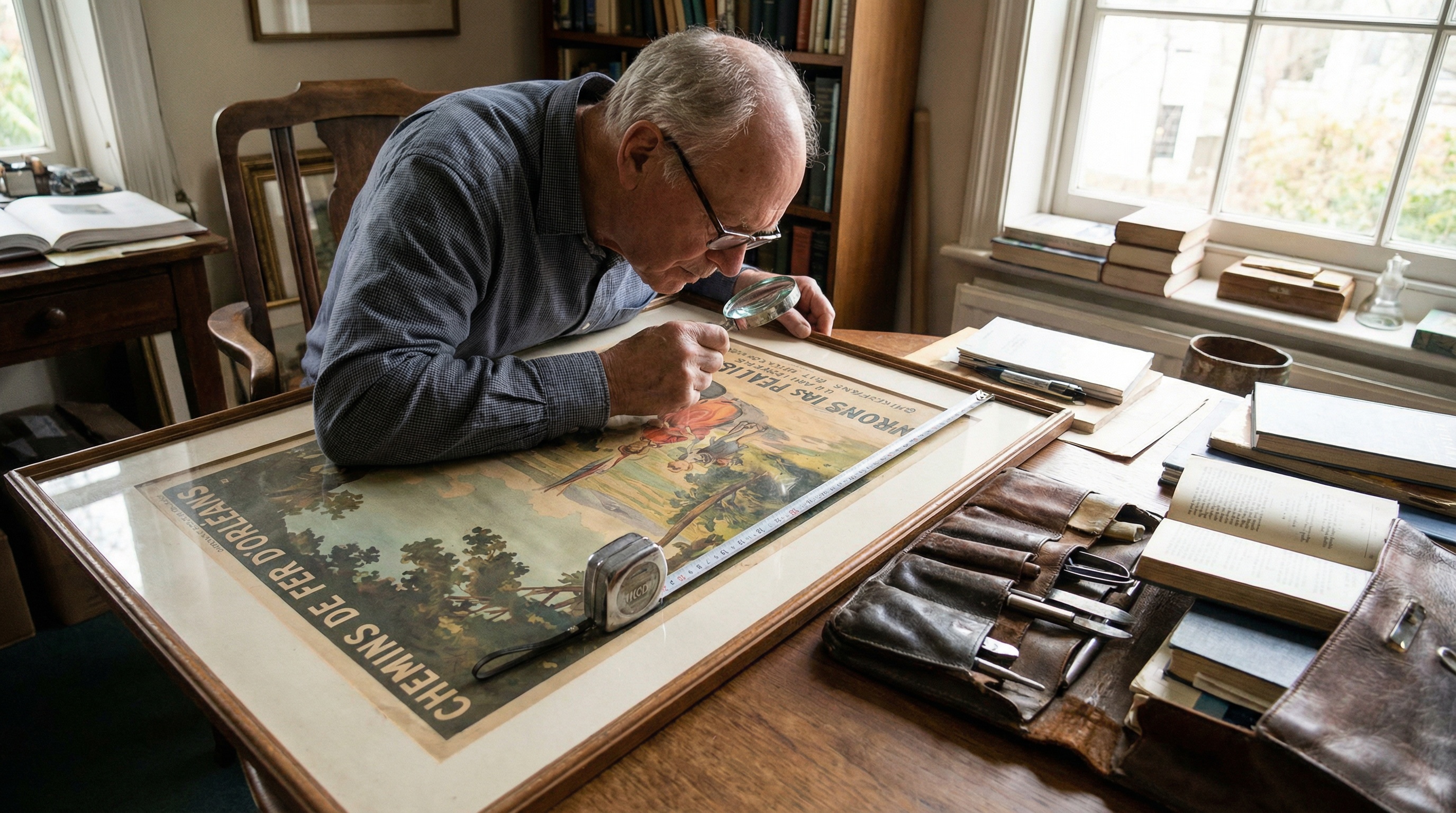 professional appraiser examining vintage poster with magnifying glass and measurement tools