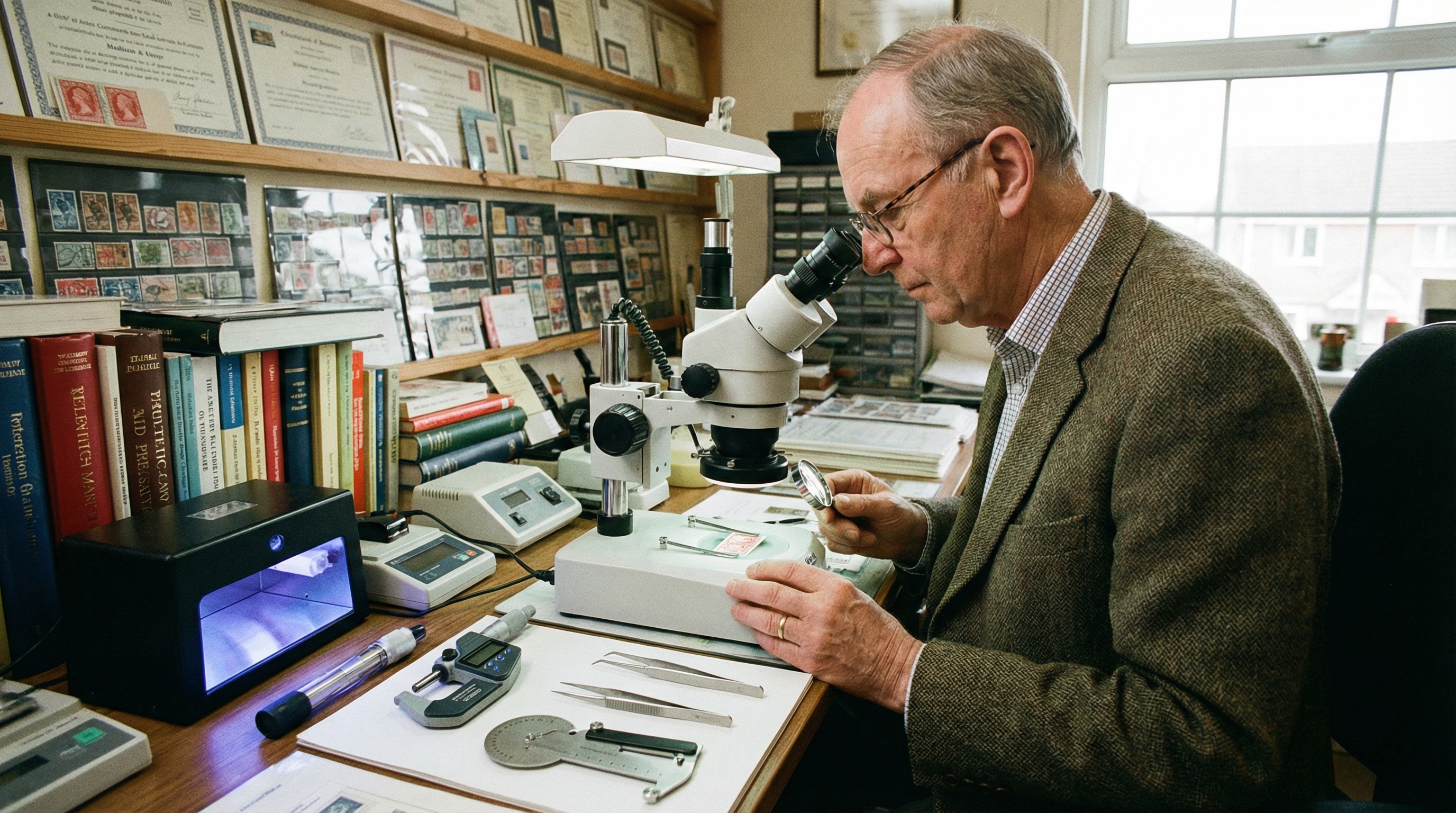 Professional appraiser examining stamps with specialized tools