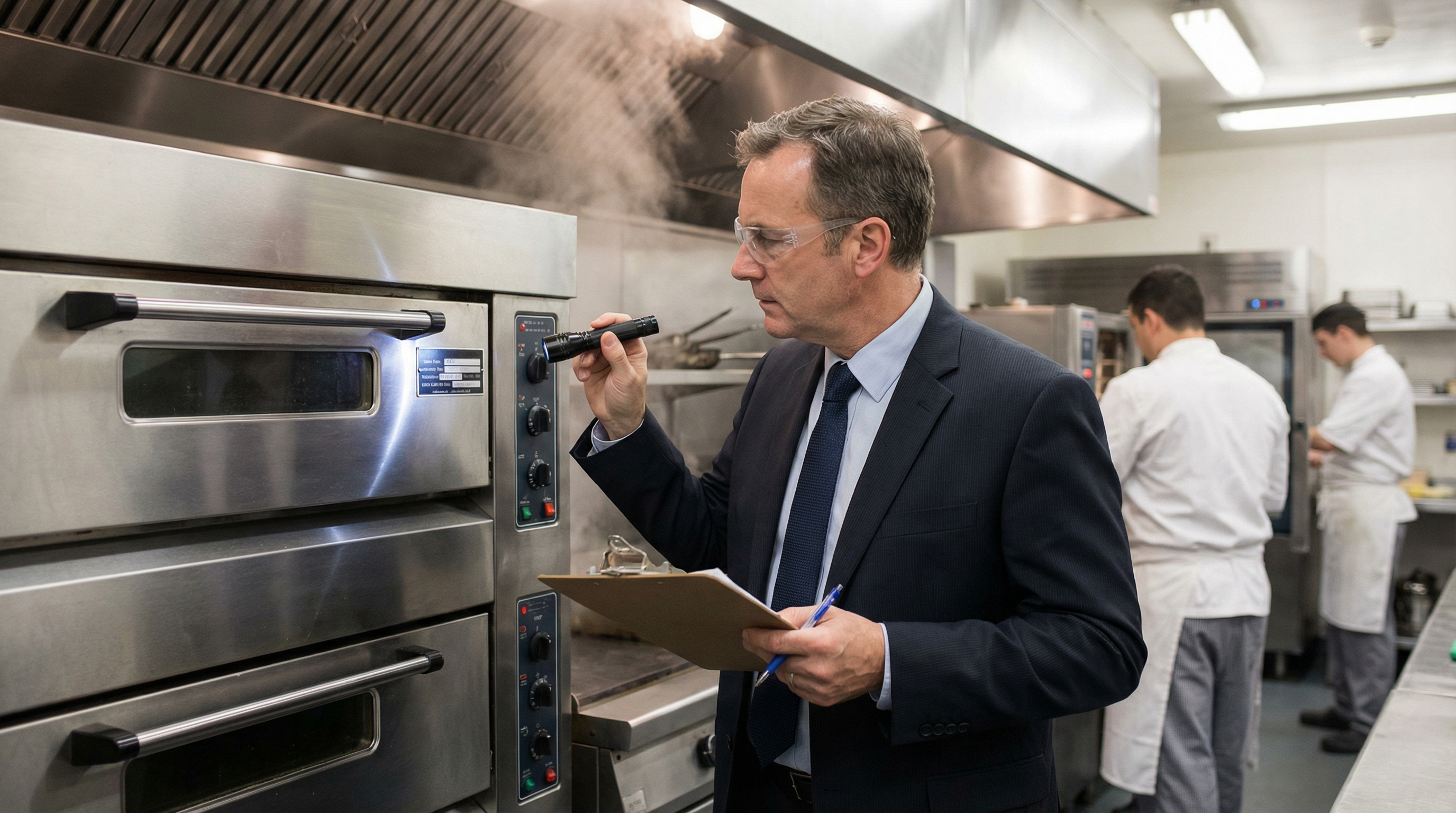 professional appraiser examining commercial kitchen equipment with clipboard