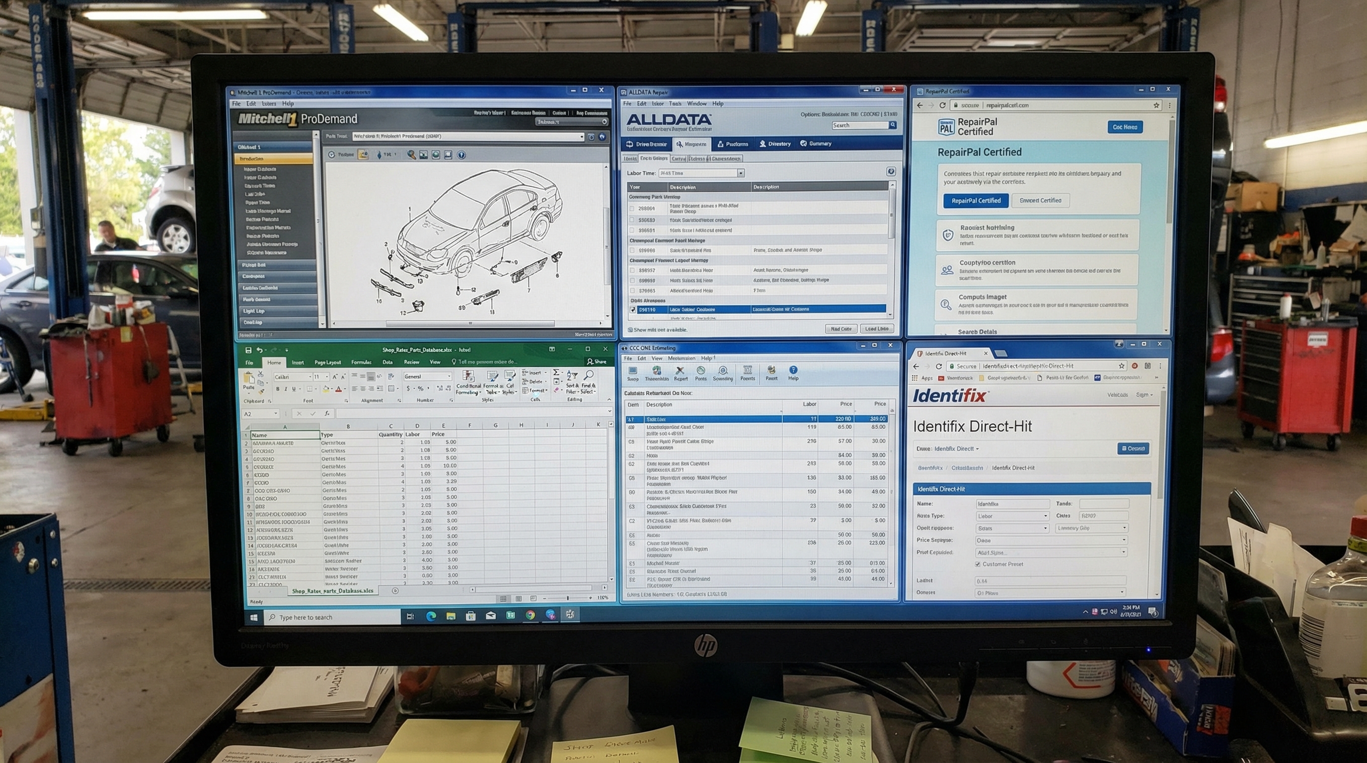 Screenshot of various repair cost estimation tools and databases on computer screen