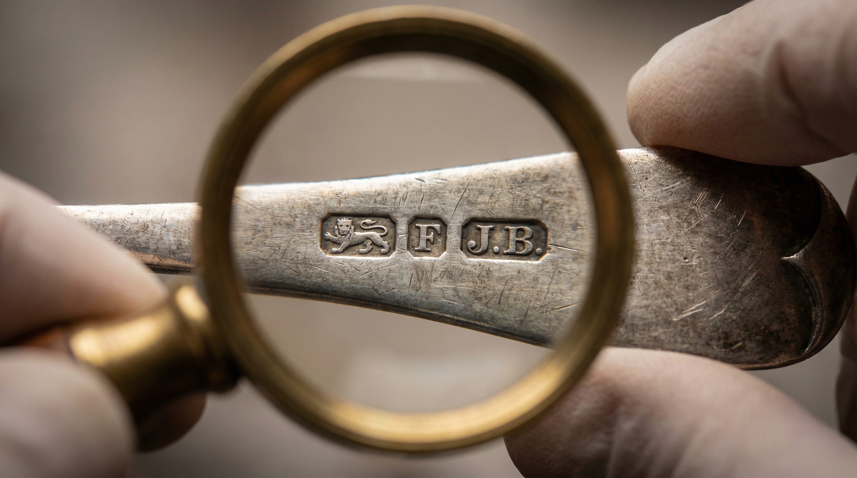 Close-up of silver hallmarks and maker's marks with magnifying glass